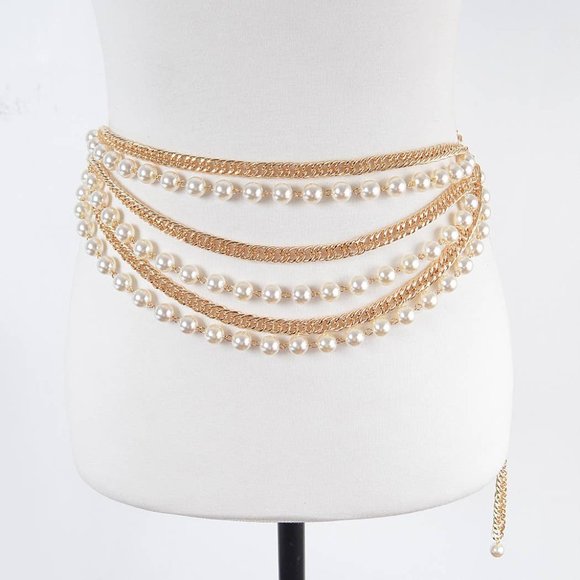 No Fashion Deadlines Accessories - Oversized Layered Faux Pearl and Chain Belt